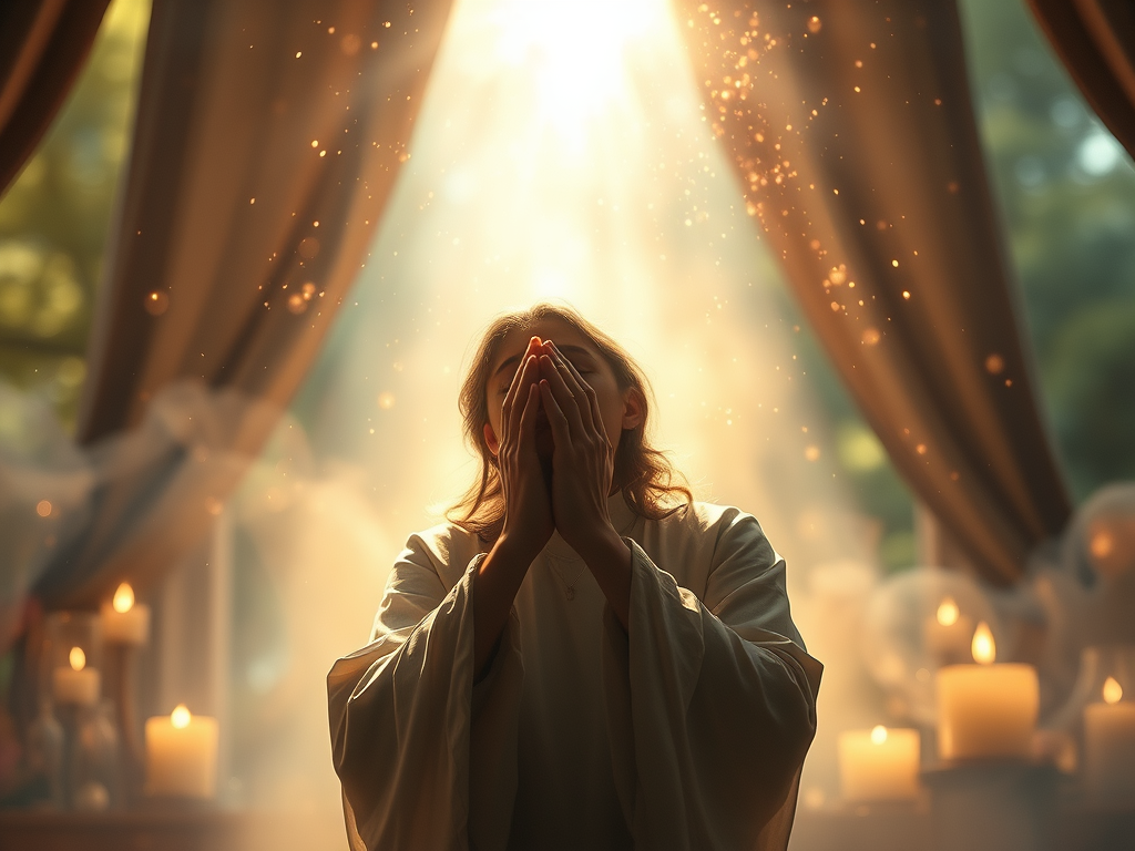 Woman with brown hair stands in a white robe with hands in prayer position; she is surrounded by ethereal sparks and whisps along with some lit candles; behind her is the sun streaming through parted tan curtains.