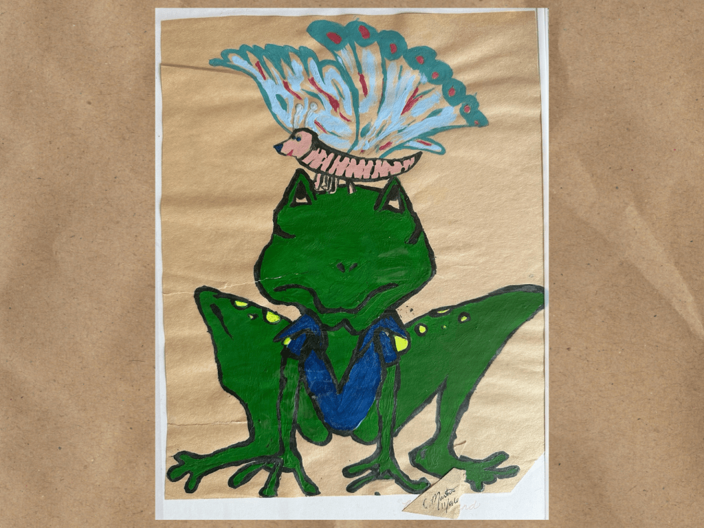 Frog in a blue vest stares at a teal, pink, and red butterfly sitting on its head.