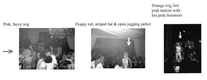 Grainy thumbnails depicting club scenes from early 2000s depicting people dressing in wild, uncharacteristic ways: pink fuzzy wig; floppy red, striped hat and open jogging jacket; orange wig, hot pink tankini with hot pink bloomers.